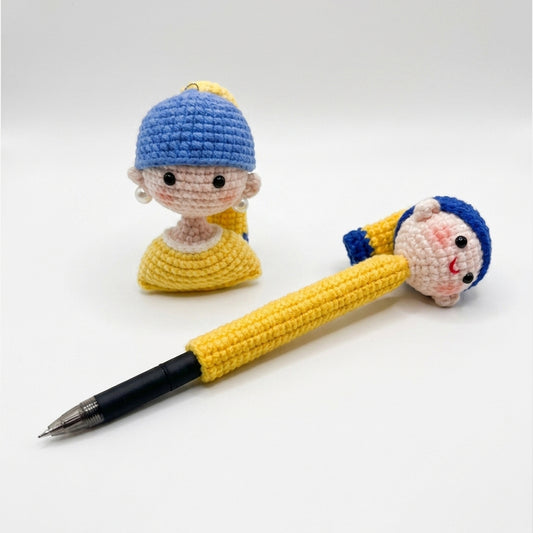 Cute Girl with a Pearl Earring Crochet Pen Topper & Sleeve, Handmade Knitted Soft Yarn Pencil Grip Cover, Novelty Art Stationery Gift