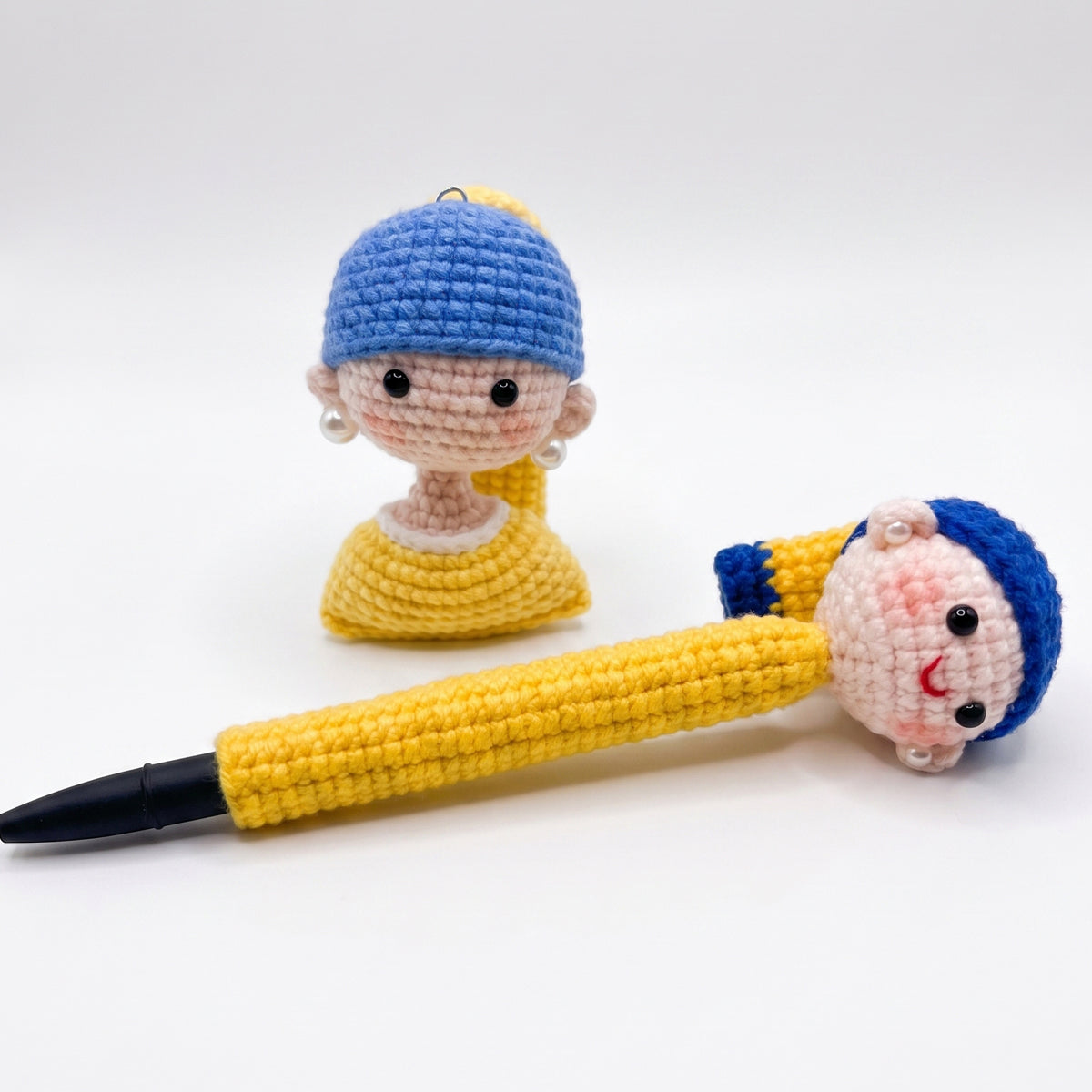 Cute Girl with a Pearl Earring Crochet Pen Topper & Sleeve, Handmade Knitted Soft Yarn Pencil Grip Cover, Novelty Art Stationery Gift