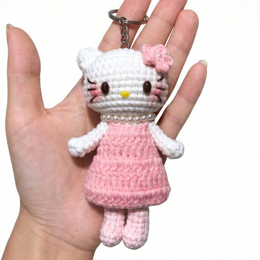 Handmade Crochet Keychain - Textured Fabric Bag Accessory for Keys & Backpacks, Functional Daily Organizer(kitty-pink)