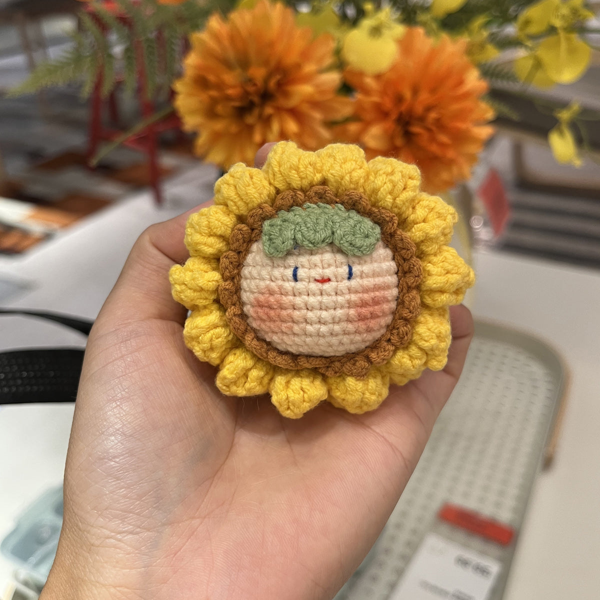 Handmade Crochet Keychain - Textured Fabric Bag Accessory for Keys & Backpacks, Functional Daily Organizer(sunflower)