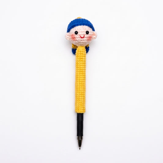 Cute Girl with a Pearl Earring Crochet Pen Topper & Sleeve, Handmade Knitted Soft Yarn Pencil Grip Cover, Novelty Art Stationery Gift