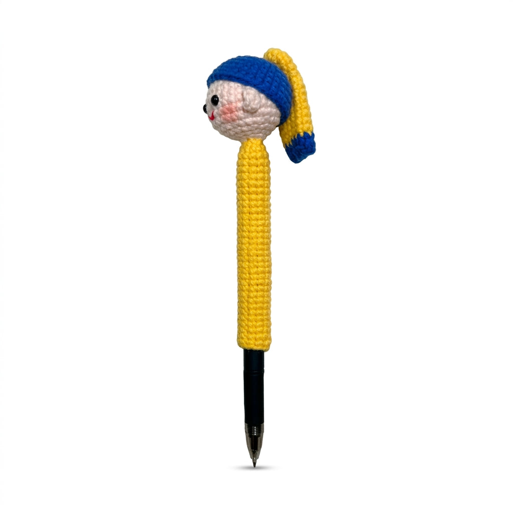 Cute Girl with a Pearl Earring Crochet Pen Topper & Sleeve, Handmade Knitted Soft Yarn Pencil Grip Cover, Novelty Art Stationery Gift