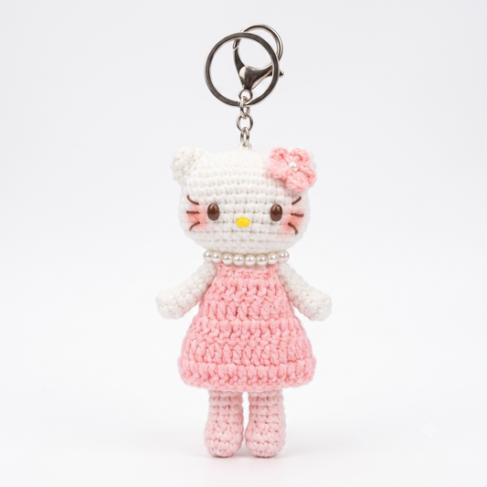 Handmade Crochet Keychain - Textured Fabric Bag Accessory for Keys & Backpacks, Functional Daily Organizer(kitty-pink）
