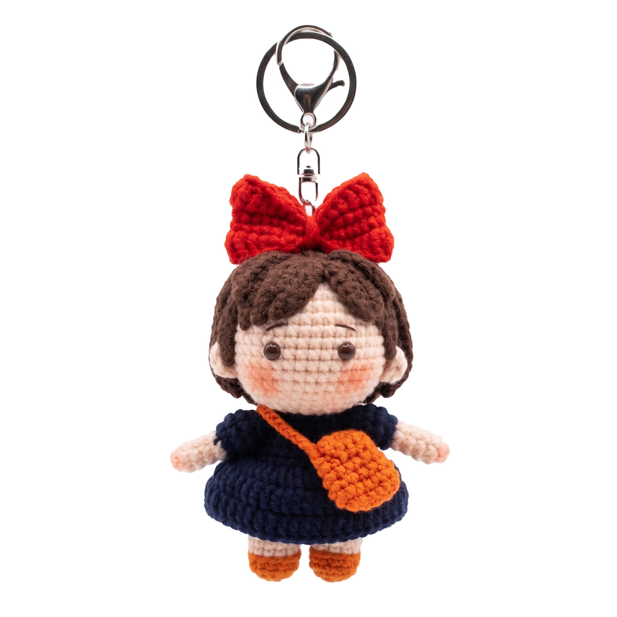 Handmade Crochet Kiki's Delivery Service Keychain, Cute Kiki Witch Amigurumi Doll Bag Charm with Big Red Bow & Orange Bag (11cm / 4.3")