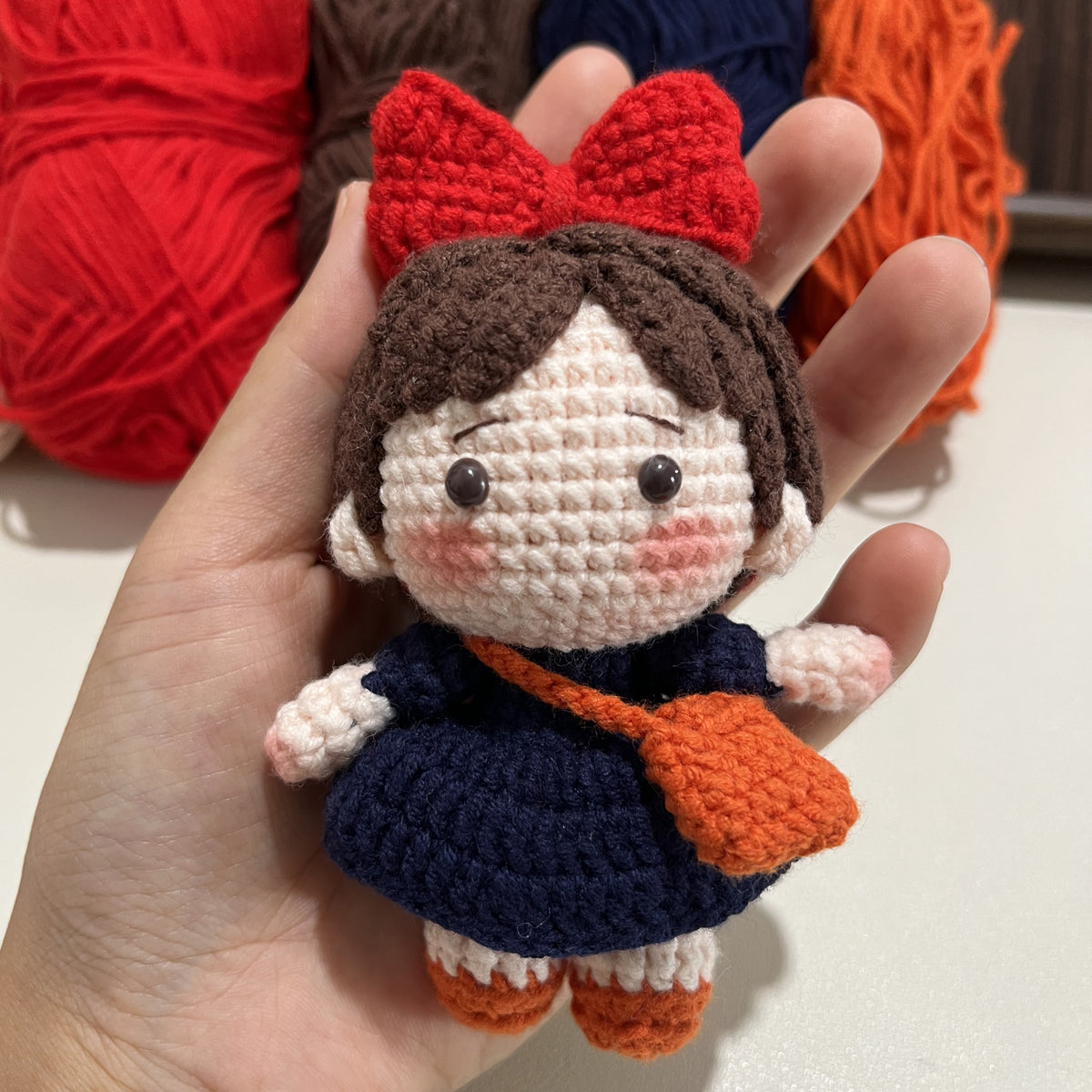 Handmade Crochet Kiki's Delivery Service Keychain, Cute Kiki Witch Amigurumi Doll Bag Charm with Big Red Bow & Orange Bag (11cm / 4.3")