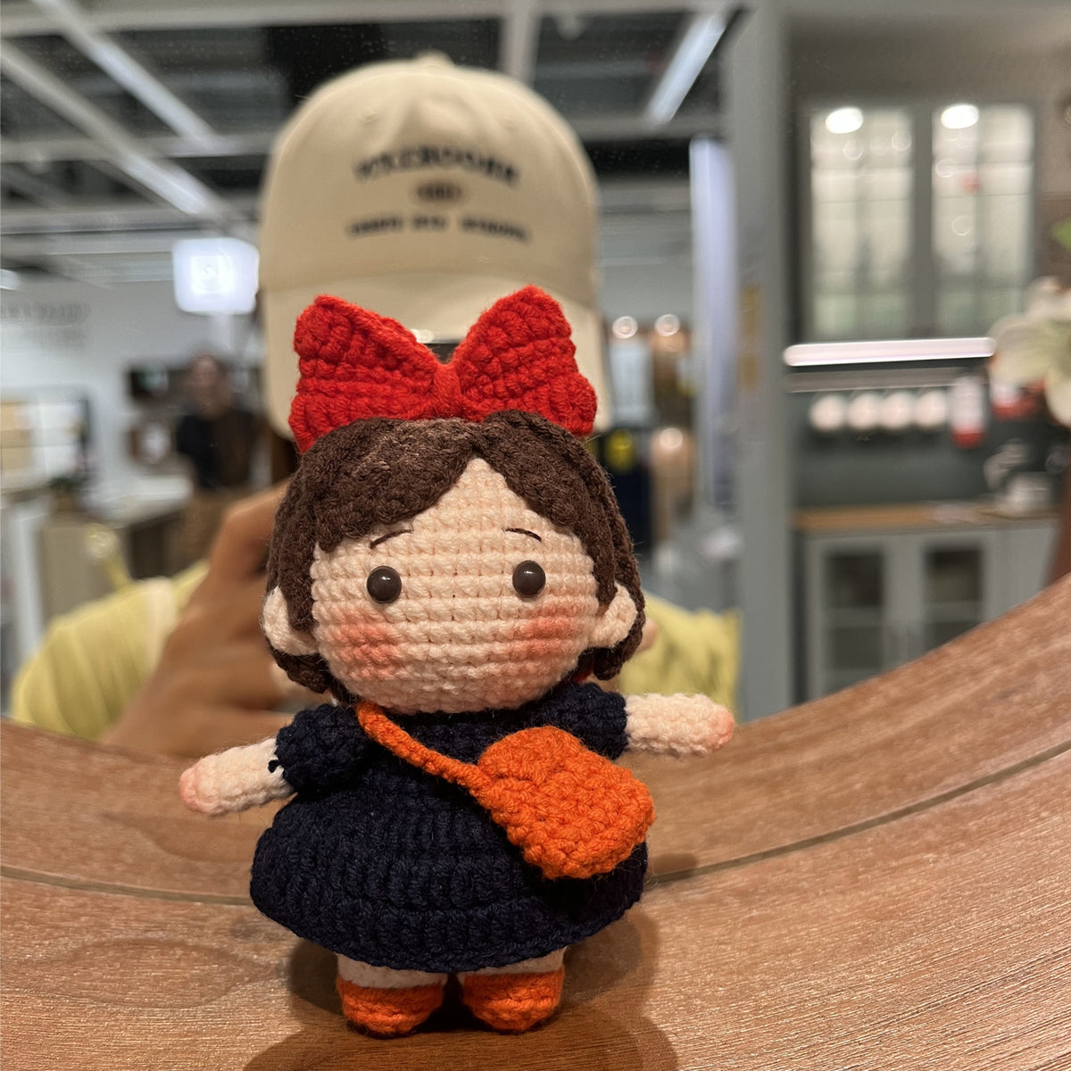 Handmade Crochet Kiki's Delivery Service Keychain, Cute Kiki Witch Amigurumi Doll Bag Charm with Big Red Bow & Orange Bag (11cm / 4.3")
