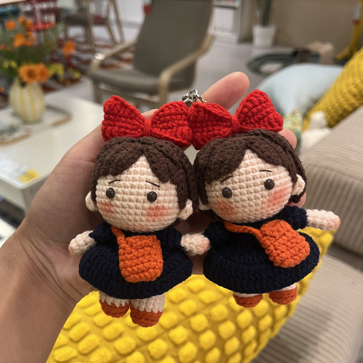 Handmade Crochet Kiki's Delivery Service Keychain, Cute Kiki Witch Amigurumi Doll Bag Charm with Big Red Bow & Orange Bag (11cm / 4.3")
