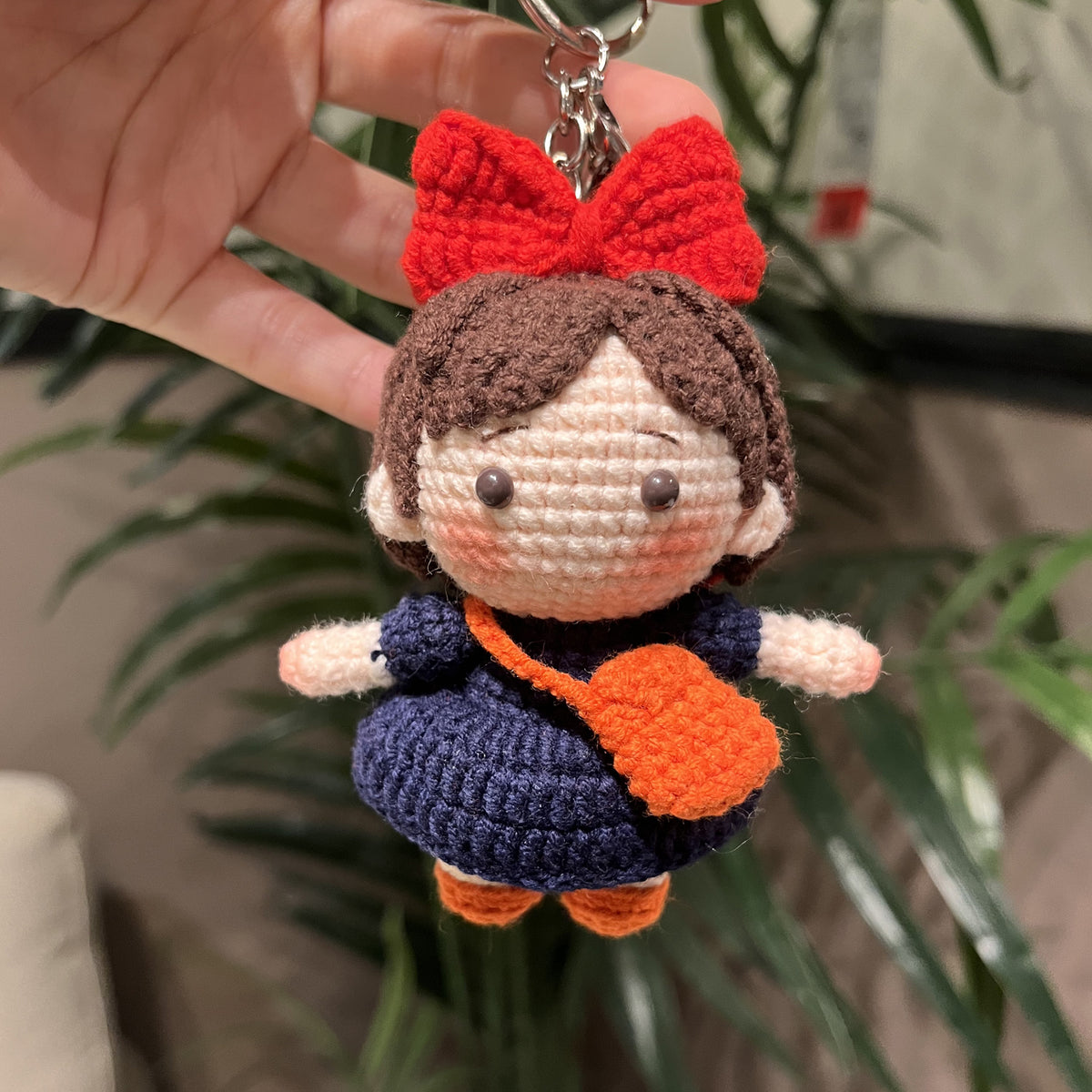 Handmade Crochet Kiki's Delivery Service Keychain, Cute Kiki Witch Amigurumi Doll Bag Charm with Big Red Bow & Orange Bag (11cm / 4.3")