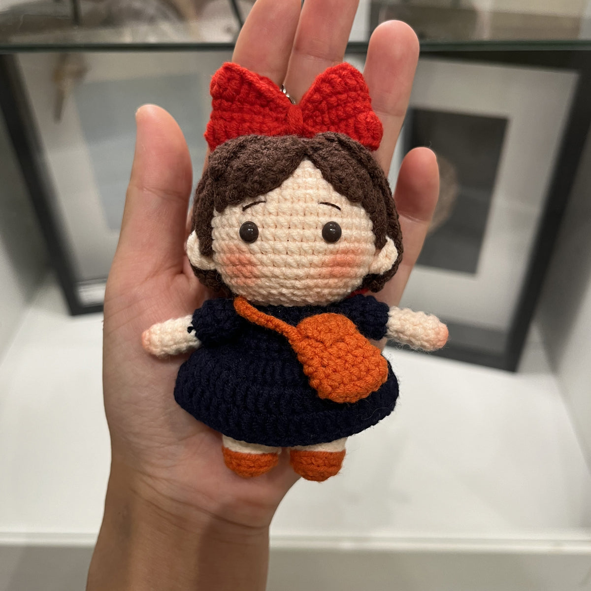 Handmade Crochet Kiki's Delivery Service Keychain, Cute Kiki Witch Amigurumi Doll Bag Charm with Big Red Bow & Orange Bag (11cm / 4.3")