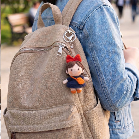 Handmade Crochet Kiki's Delivery Service Keychain, Cute Kiki Witch Amigurumi Doll Bag Charm with Big Red Bow & Orange Bag (11cm / 4.3")