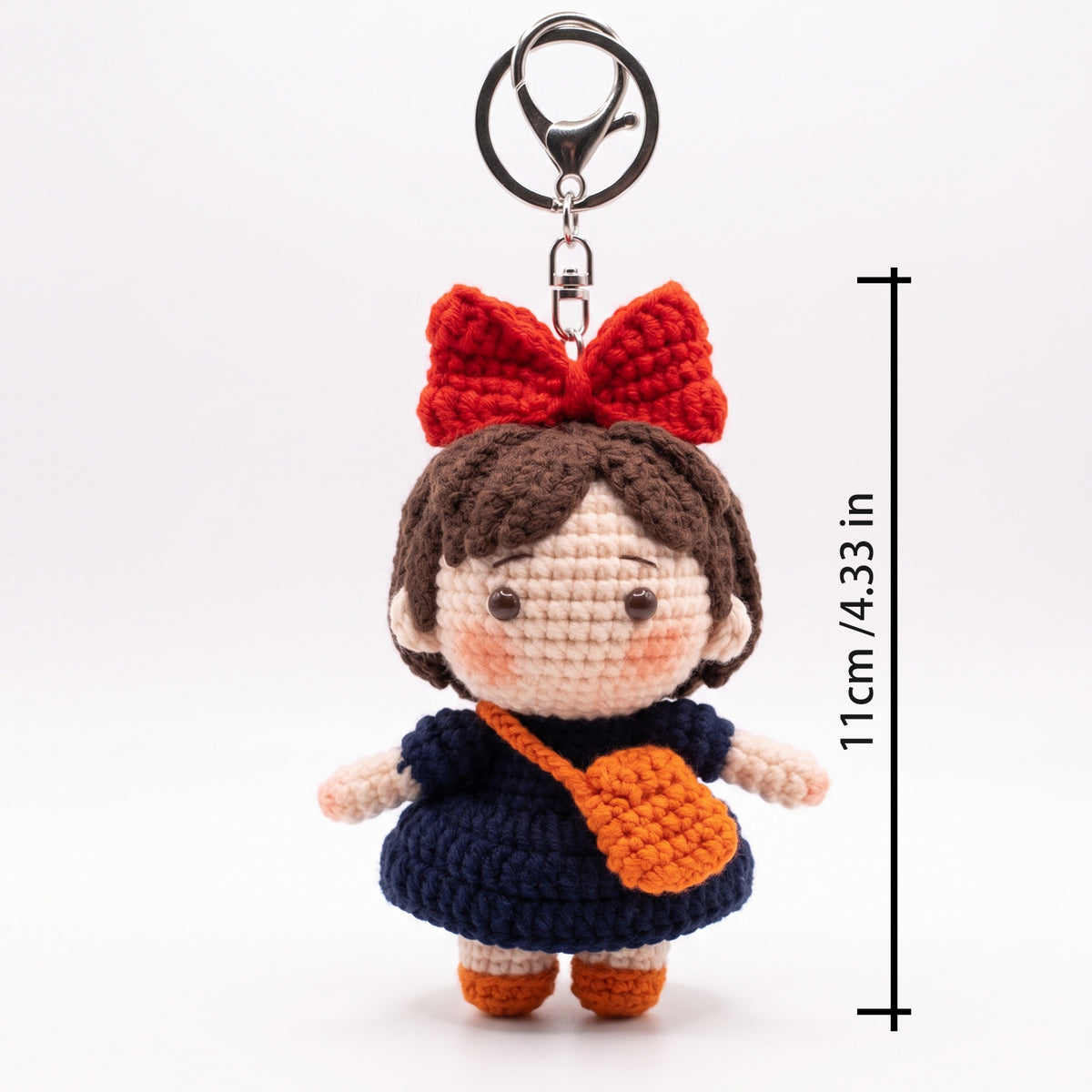 Handmade Crochet Kiki's Delivery Service Keychain, Cute Kiki Witch Amigurumi Doll Bag Charm with Big Red Bow & Orange Bag (11cm / 4.3")