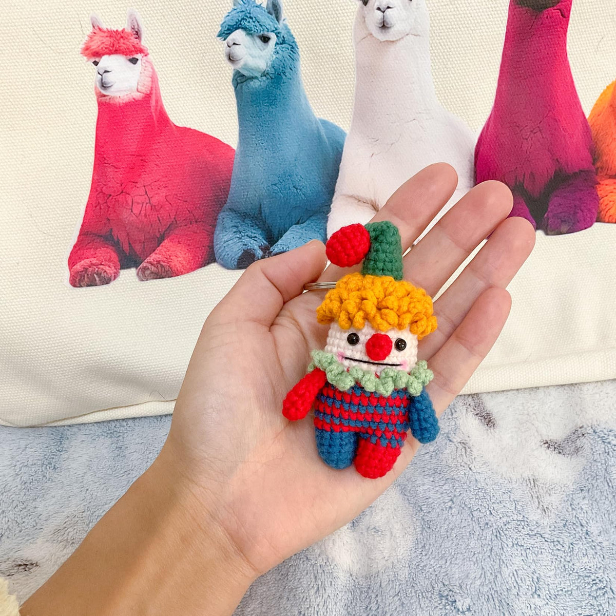 Handmade Crochet Keychain - Textured Fabric Bag Accessory for Keys & Backpacks, Functional Daily Organizer (Clown)