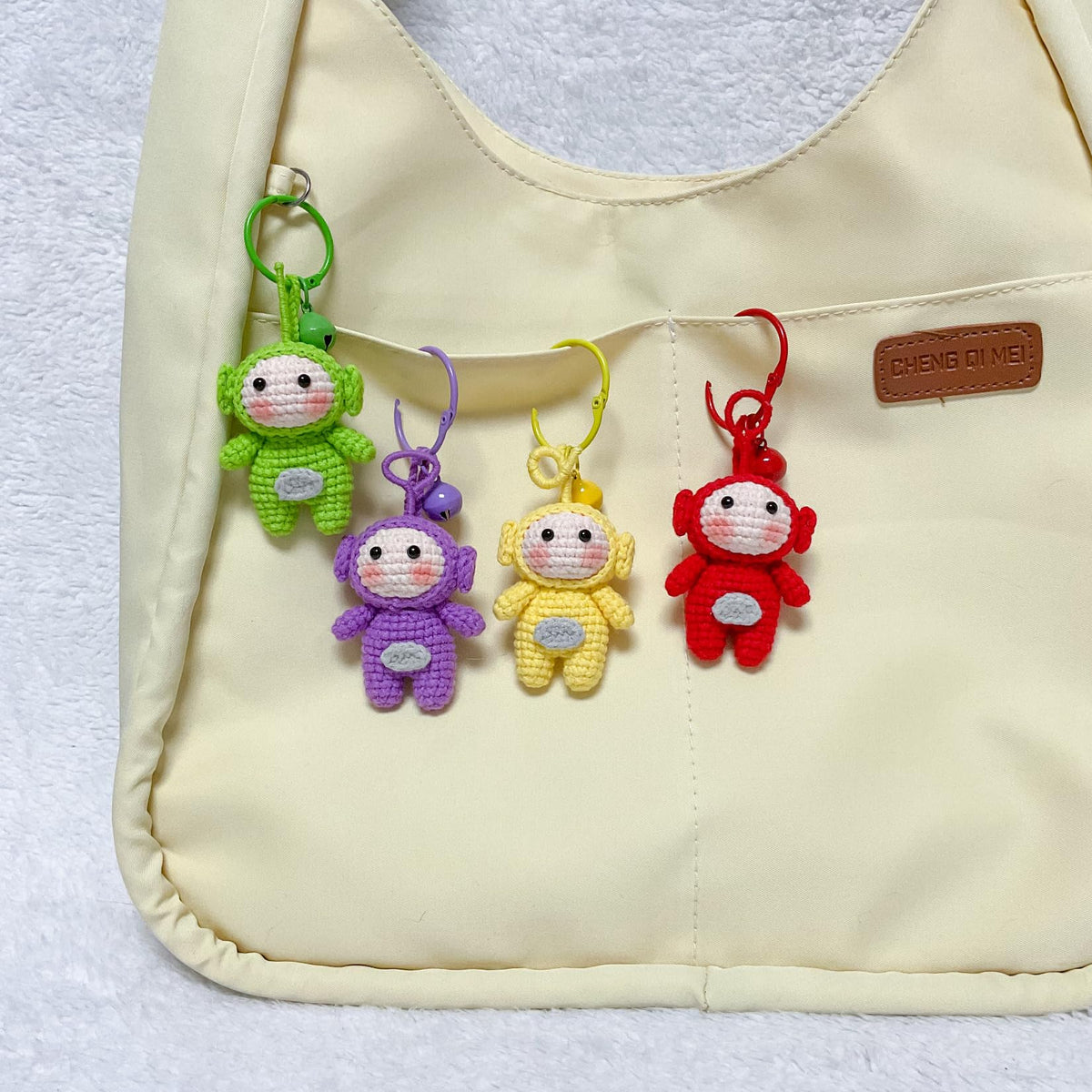 Handmade Crochet Keychain - Textured Fabric Bag Accessory for Keys & Backpacks, Functional Daily Organizer(Teletubbies)