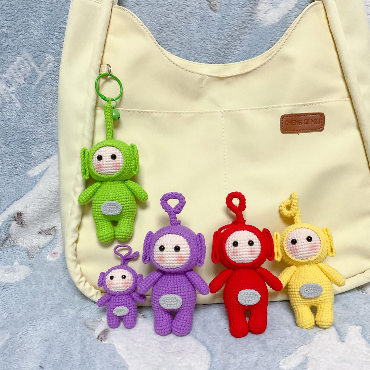 Handmade Crochet Keychain - Textured Fabric Bag Accessory for Keys & Backpacks, Functional Daily Organizer(Teletubbies)