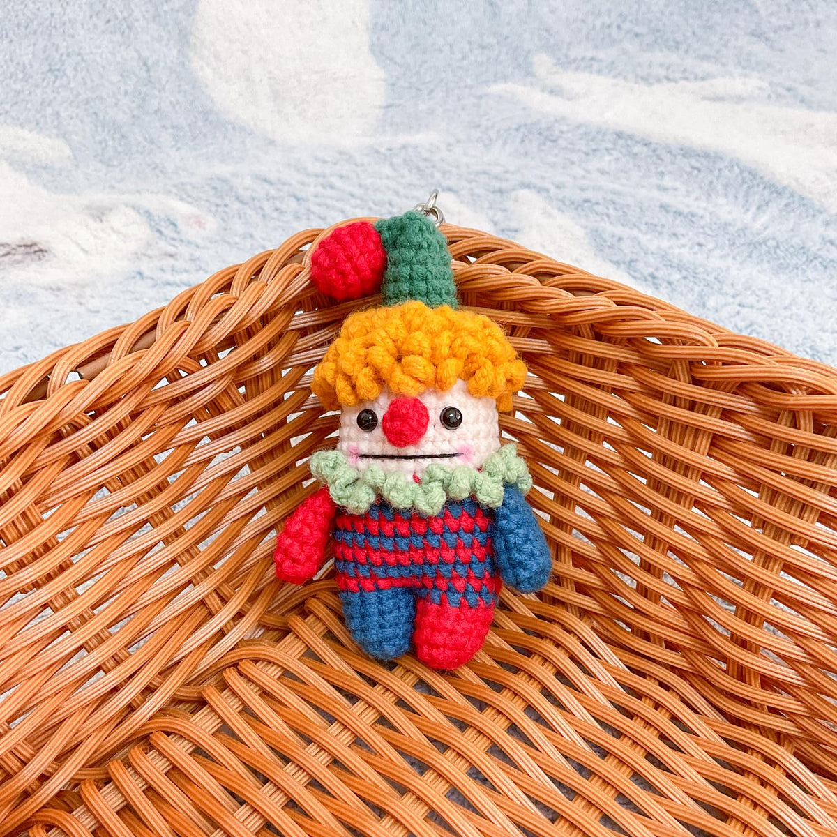 Handmade Crochet Keychain - Textured Fabric Bag Accessory for Keys & Backpacks, Functional Daily Organizer (Clown)