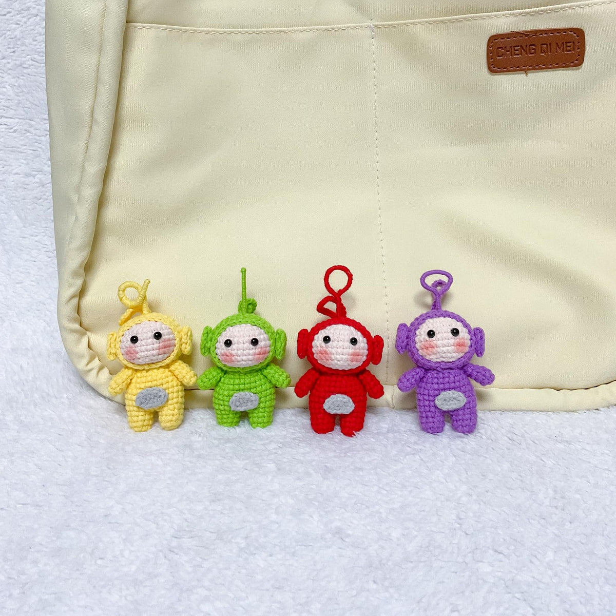Handmade Crochet Keychain - Textured Fabric Bag Accessory for Keys & Backpacks, Functional Daily Organizer(Teletubbies)