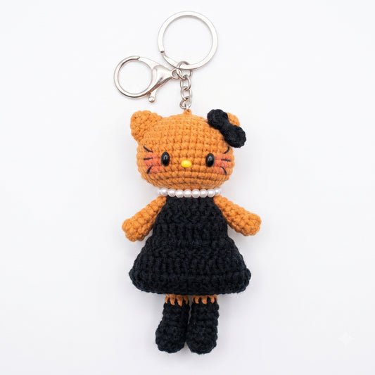 Handmade Crochet Keychain - Textured Fabric Bag Accessory for Keys & Backpacks, Functional Daily Organizer(kitty-black）