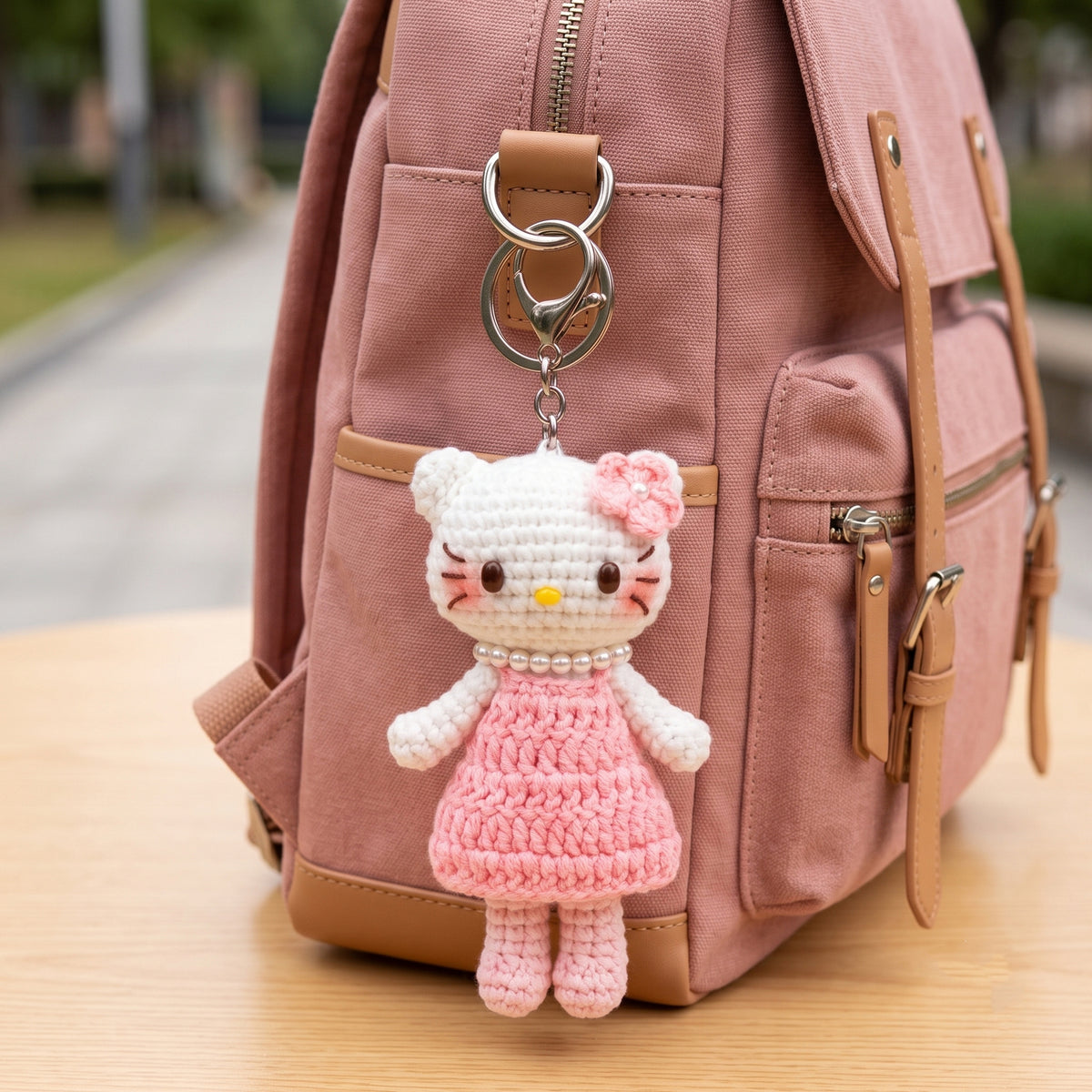 Handmade Crochet Keychain - Textured Fabric Bag Accessory for Keys & Backpacks, Functional Daily Organizer(kitty-pink）