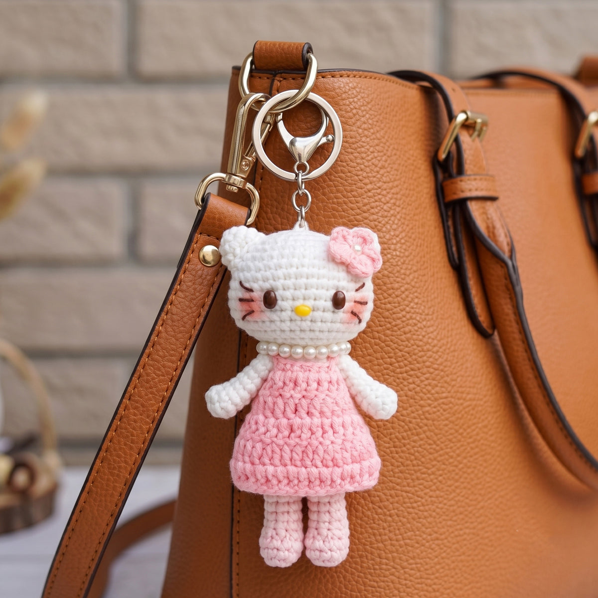 Handmade Crochet Keychain - Textured Fabric Bag Accessory for Keys & Backpacks, Functional Daily Organizer(kitty-pink）