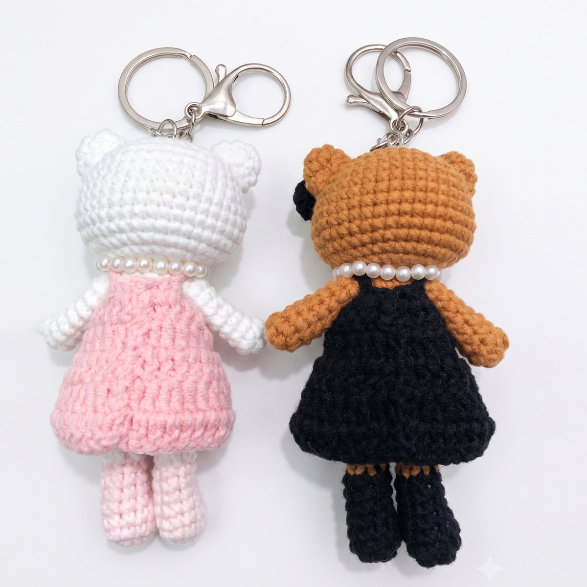 Handmade Crochet Keychain - Textured Fabric Bag Accessory for Keys & Backpacks, Functional Daily Organizer(kitty-pink）