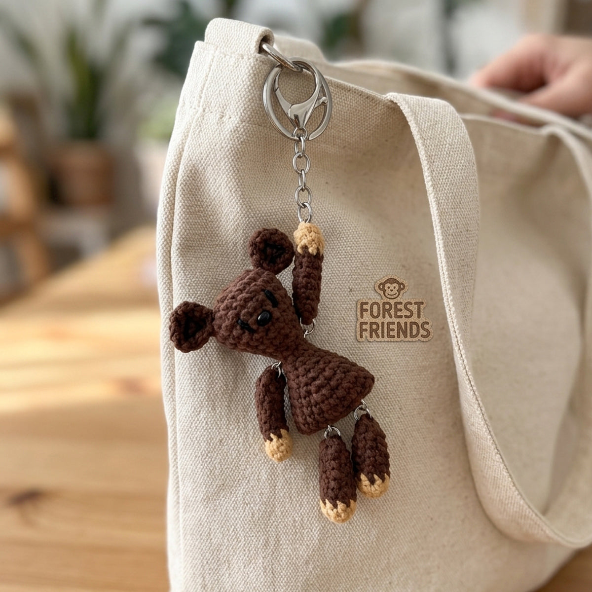Handmade Crochet Bear Charm Keychain & Pendant Necklace, Cute Knitted Bear Bag Charm with Keyring & Adjustable Lanyard (Teddy-A)