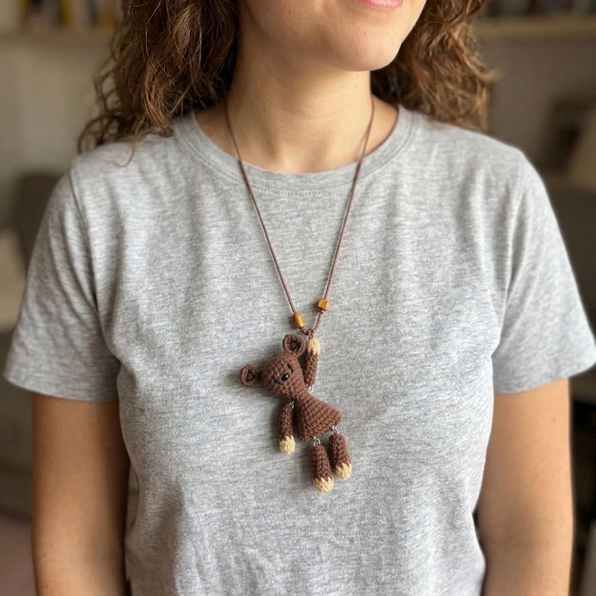 Handmade Crochet Bear Charm Keychain & Pendant Necklace, Cute Knitted Bear Bag Charm with Keyring & Adjustable Lanyard (Teddy-A)
